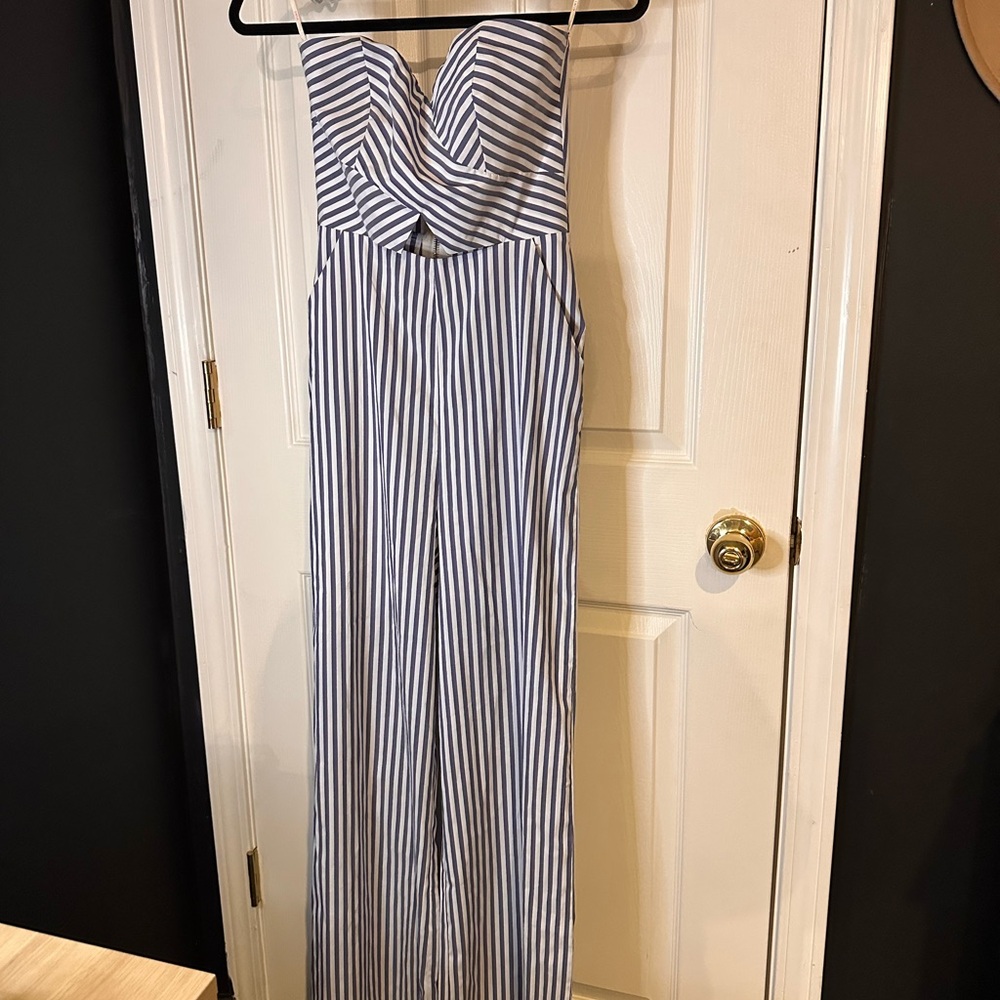 a'gaci Blue and White Strapless Jumpsuit